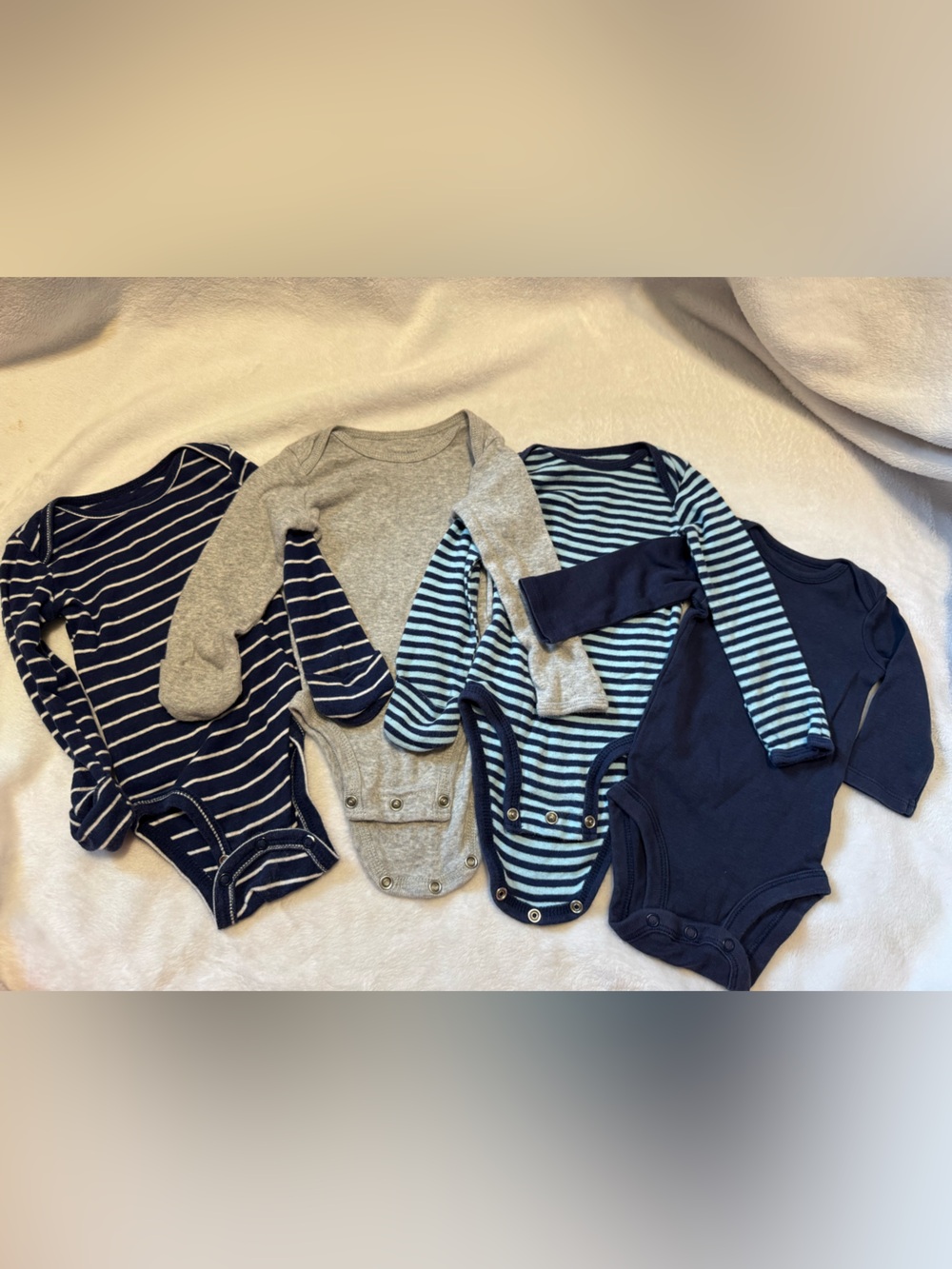 Baby Long-Sleeve One-Piece Bodysuits - Navy Stripe, Gray, Blue Stripe (4-Pack)